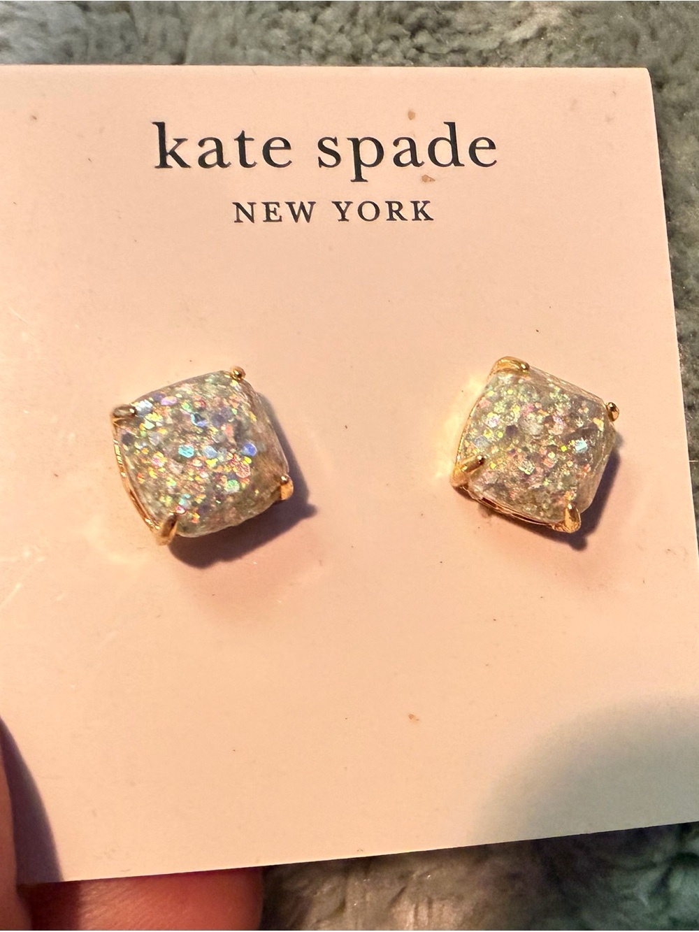 Kate Spade New York Opal Glitter Small Square Stud Earrings Gold Tone NWT